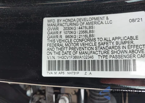 2021 Honda Accord Sport из США, поврежденный, VIN 1HGCV1F38MA102346